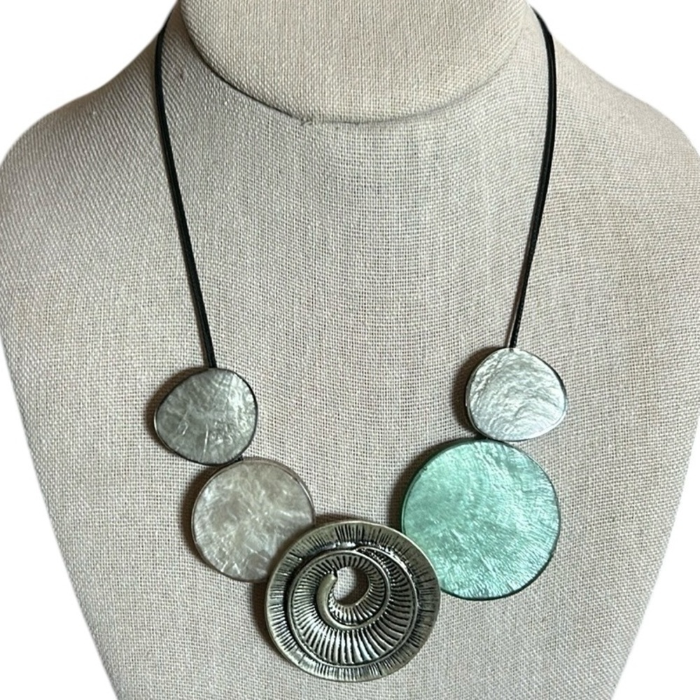 Boho Silver Swirl with Acrylic Stacked Shell Disks Green and Gray on Double Cord
